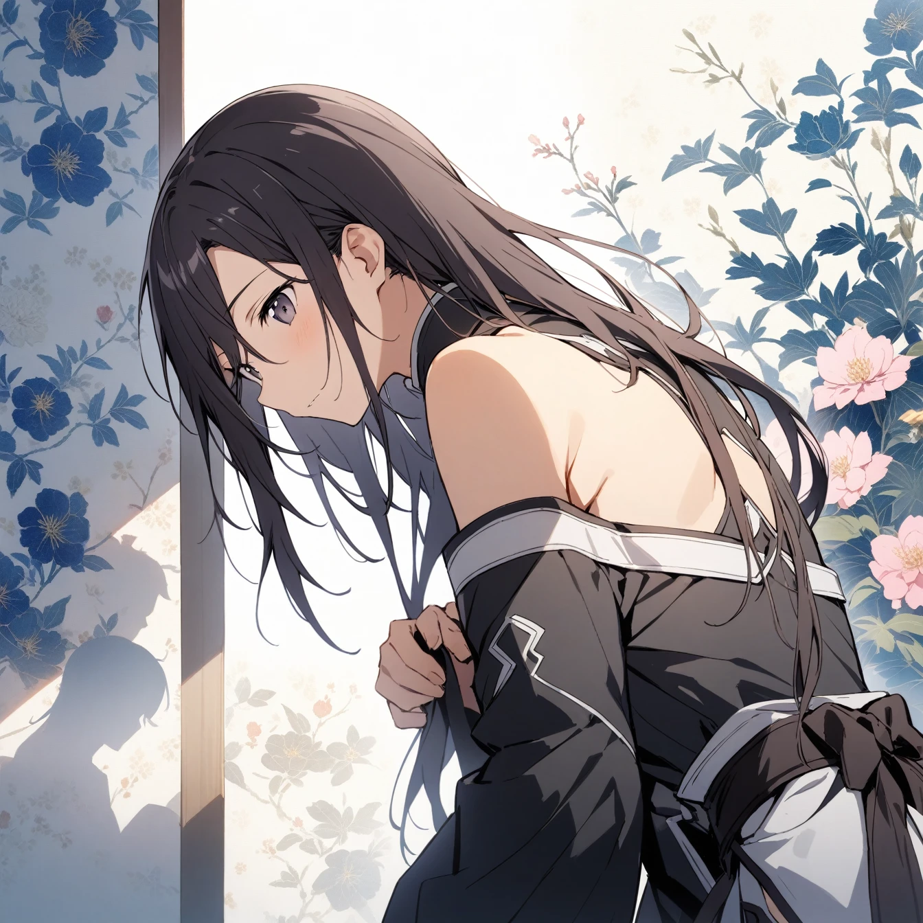 masterpiece,best quality,1 boy, male focus, kirito \(Sao-ggo\), Sword Art Online,very beautiful,Chinese style,Guild clothing,Oriental wallpaper,flower,blue tint,Natural light,soft light,White background,shadow,black hair,The character is in the middle of the picture,Half body,Off the shoulders