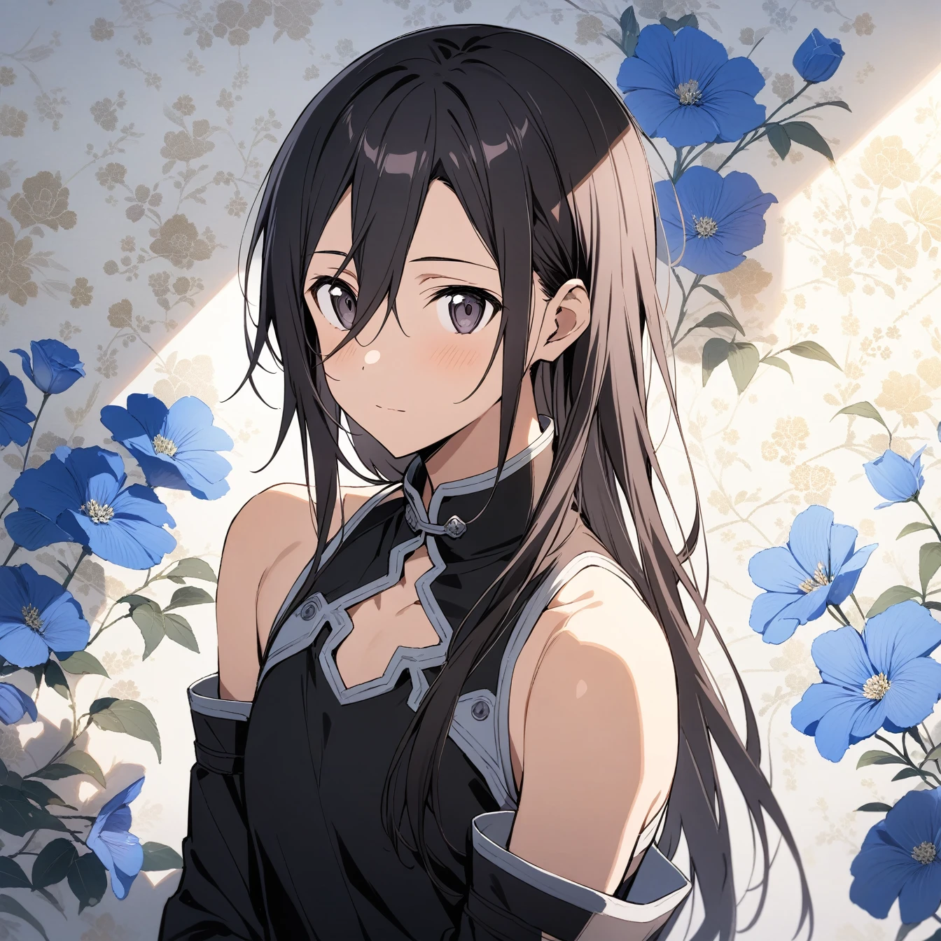 masterpiece,best quality,1 boy, male focus, kirito \(Sao-ggo\), Sword Art Online,very beautiful,Chinese style,Guild clothing,Oriental wallpaper,flower,blue tint,Natural light,soft light,White background,shadow,black hair,The character is in the middle of the picture,Half body,Off the shoulders