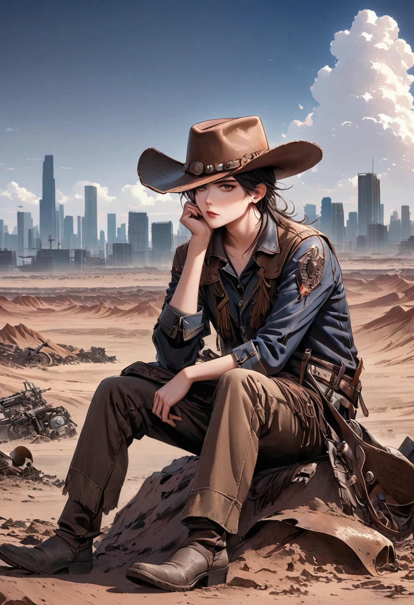 wasteland,老西部牛仔sit在石头上思考,thinker,Hand on cheek,(sit:1.2),Wear a cowboy hat,Rusty,The skyline in the distance,Western style background