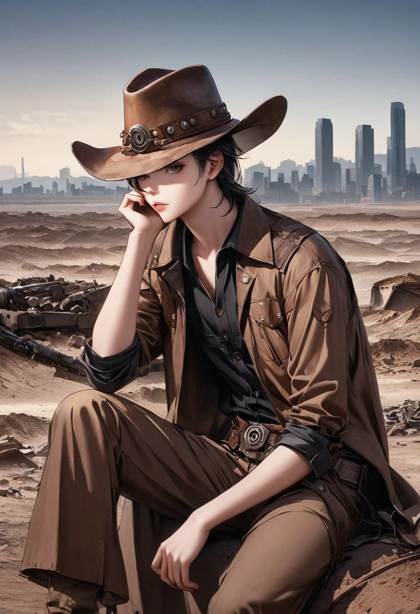 wasteland,老西部牛仔sit在石头上思考,thinker,Hand on cheek,(sit:1.2),Wear a cowboy hat,Rusty,The skyline in the distance,Western style background
