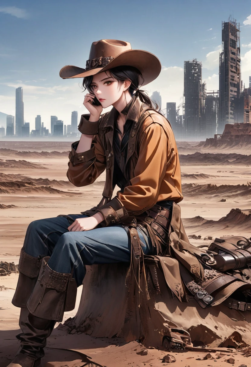 wasteland,老西部牛仔sit在石头上思考,thinker,Hand on cheek,(sit:1.2),Wear a cowboy hat,Rusty,The skyline in the distance,Western style background