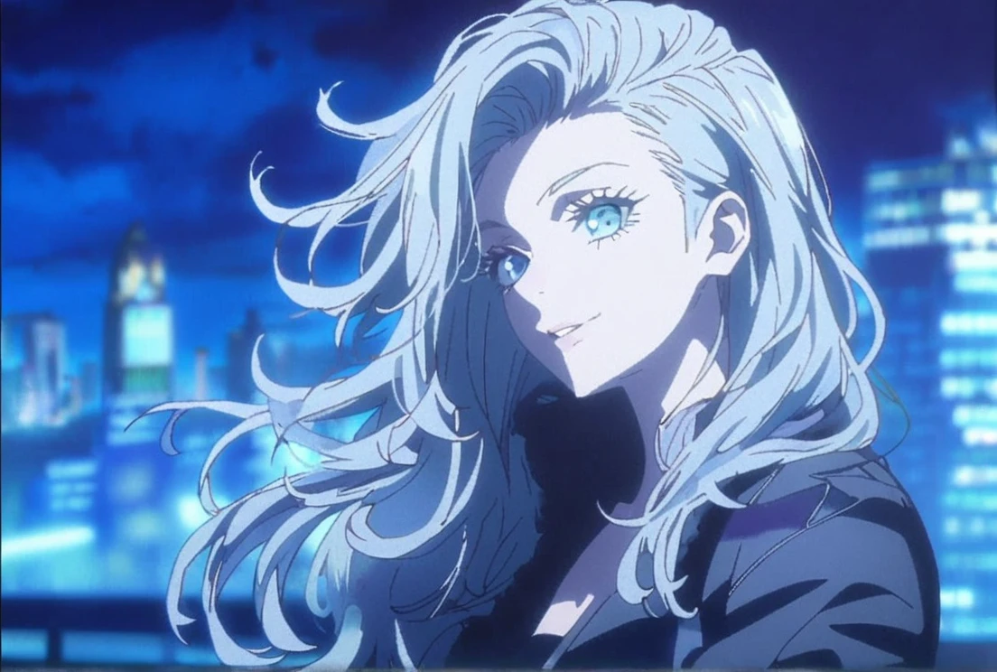 1girl, female gojo satoru, anime screencap from jujutsu kaisen, gojo satoru female version, solo, long_Silver hair, wavy hair, black round sunglasses, Blue Eyes, parted_lips, smiling, looking_at_viewer, perfect background, outdoors, side view, eyelashes, (elegant prom night outfit),  hair_between_eyes, floating hair, ((hair slicked from one side)), City in background,night,The character in the image has striking long, flowing hair with a slight wave, One side is shaved, 