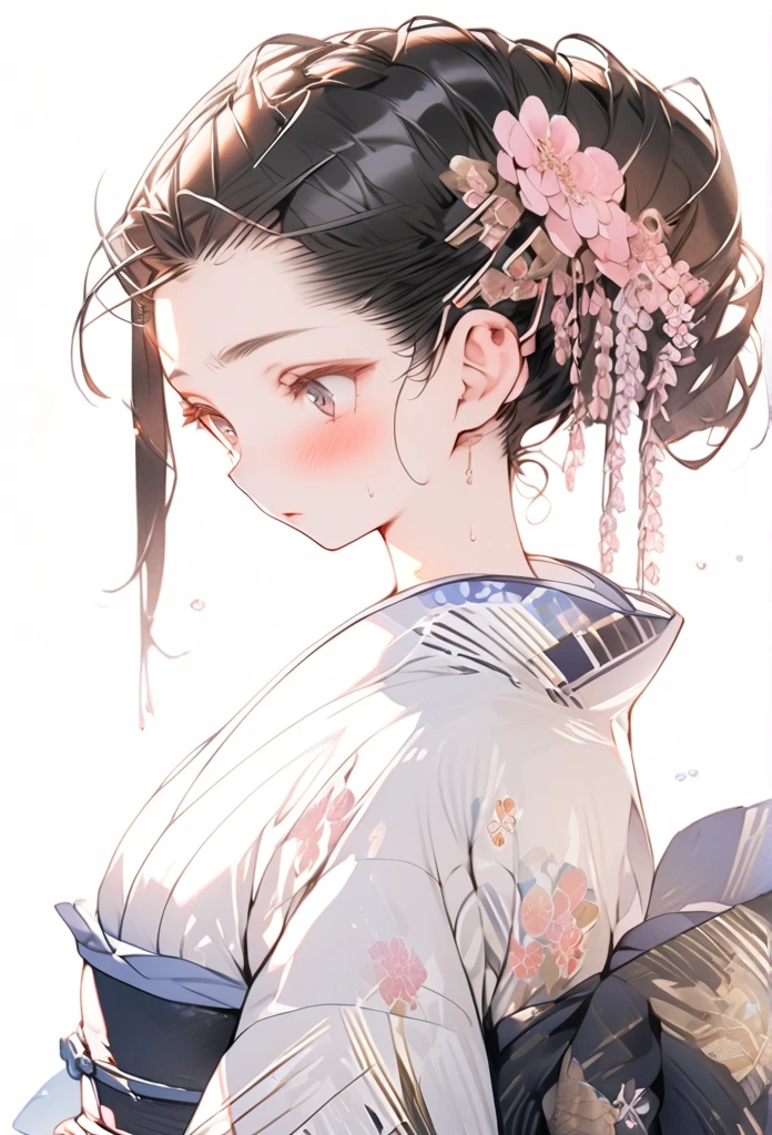Full body, wearing a slightly revealing floral yukata, beautiful glossy black obi, masterpiece, hot and languid expression, slightly sweaty, 8K quality, black hair, bangs down in a slicked back bun, hair pulled back in a bun, flower hair ornament, cute flirty eyes like in a Japanese anime.