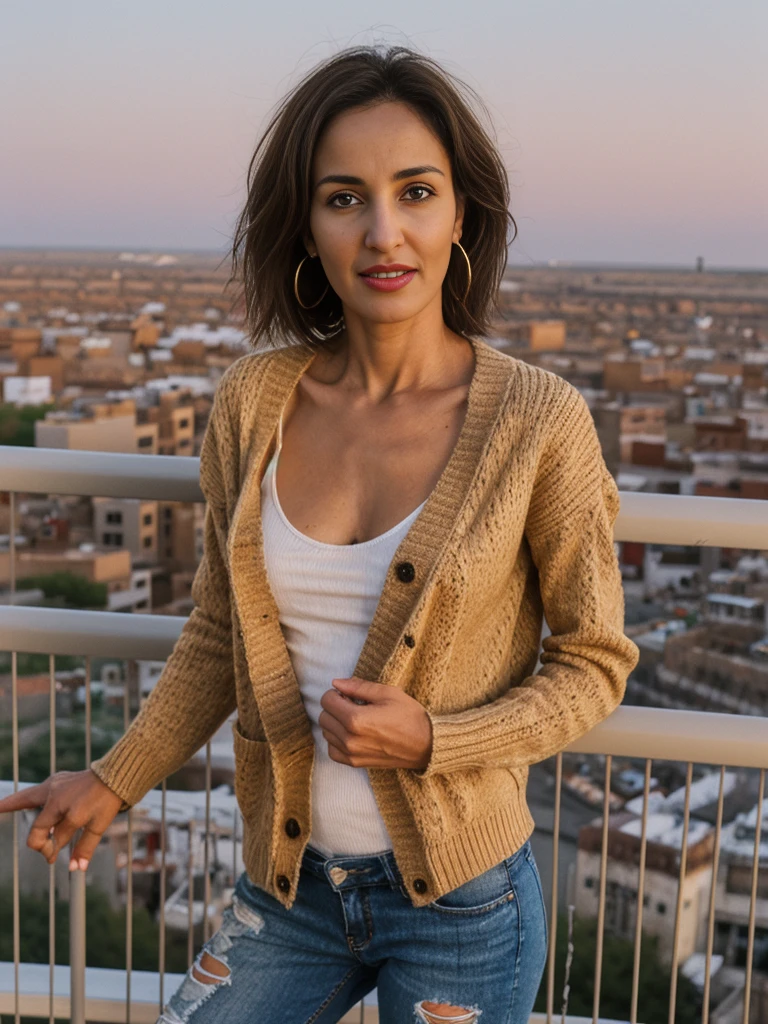 Mariam, 1girl, solo, ((Mauritanian woman)), consistent face and body, ((MILF)), ((30 years old)), (mature), ((slim)), ((Mauritanian face)), (Mauritanian nose), (Mauritanian lips), ((brunette short hair)), upper body and upper legs, (background: overlooking city at sunset), BREAK, (wearing patterned Cardigan and ripped jeans), smirking
