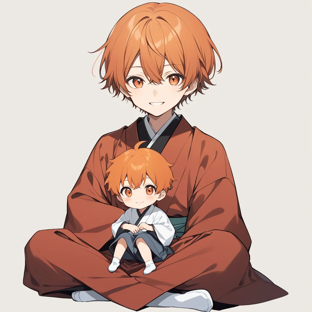 Orange Hair, Orange eyes,short hair,smile, a bit,maleの子One person,a bitキャラ,anime,whole body,mini,male,小さいmaleの子,a bitお漏らし ,Hakama,Sitting,One person