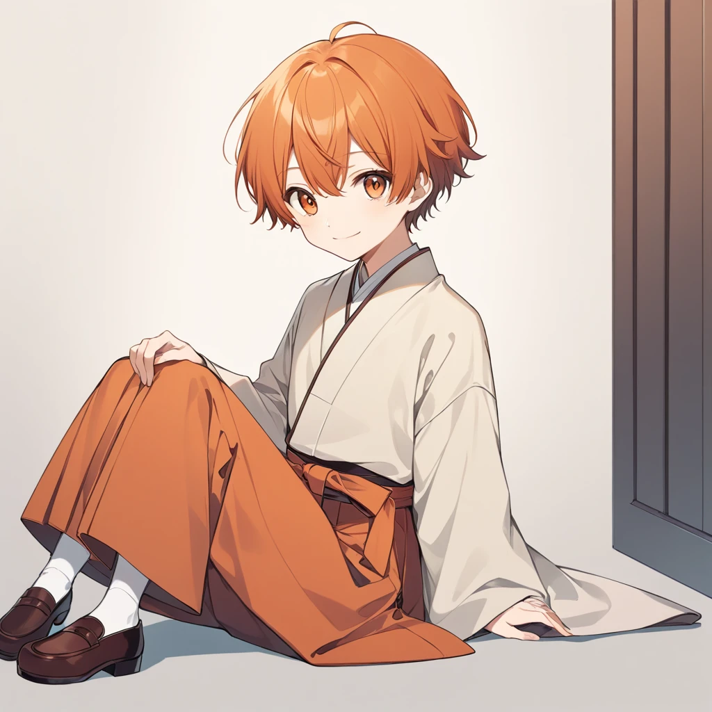 Orange Hair, Orange eyes,short hair,smile, a bit,maleの子One person,a bitキャラ,anime,whole body,mini,male,小さいmaleの子,a bitお漏らし ,Hakama,Sitting,One person