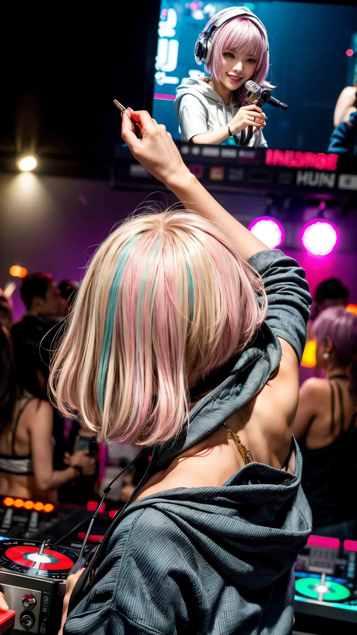 Highest quality, Tabletop, Ultra-high resolution, (Realistic:1.4), (Japanese Idols),RAW Photos, One Girl, night,Detailed skin,nightclub,Disco,(blonde:1.2), (Pink inner hair:1.3),Glossy Lips,smile,21 years old,Beautiful and beautiful eyes,eye shadow,Diamond jewellery,Earrings,Gold Jewelry,(hoodie:1.3),,(Shoulder strengthening:1.2),A well-trained body,(Pixie Cut),Round face,(playing music as a DJ:1.5), (DJ:1.2) Vibrant performances (Music Festival:1.2) and (Lively crowd:1.1) and (Colorful stage lighting:1.1), (Back view:1.5 ),Back view,A slightly distant composition,(back of head)