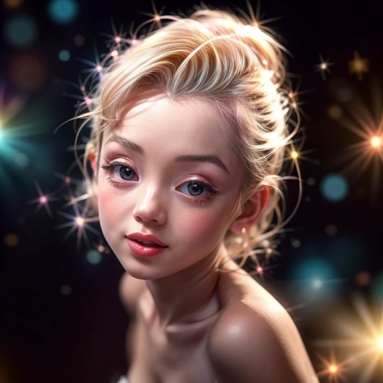 8k, High-level, absurd, masterpiece, best quality, primitive, very detailed CG, very detailed wallpaper, perfect lighting, Extremely detailed (((The personifying "Marilyn Monroe" as a TinyGirl))), MysticSight, Tyndall effect, Tyndall scattering, (Studio gray background with (many Dazzling RainbowColor particles BokeH)), (RoundlyButts, ThighGap), (Exposed:-0.9), (Assfocus with looking ahead), BREAK (NOGIZAKA face variations) Extremely Detailed very KAWAII face variations, perfect anatomy, Childish, captivating gaze, elaborate detailed Eyes with (sparkling highlights:1.28), long eyelashes、Glossy RED Lips with beautiful details, Coquettish tongue, Rosy cheeks, Radiant PearlSkin with clear transparency . { (Dynamic LifeLike expressions:1.4) | :d) }, (large eyes:-1) .