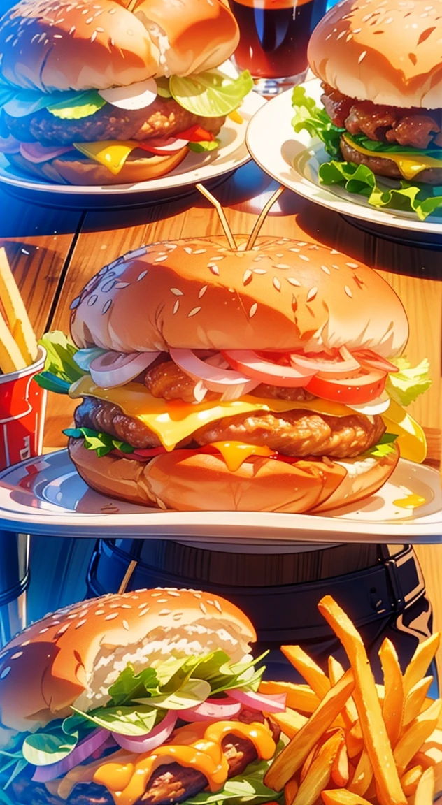 Depicting a hearty fast food meal, Including juicy burgers or sandwiches, Fried chicken, French fries，Hot dogs and all kinds of delicious food.