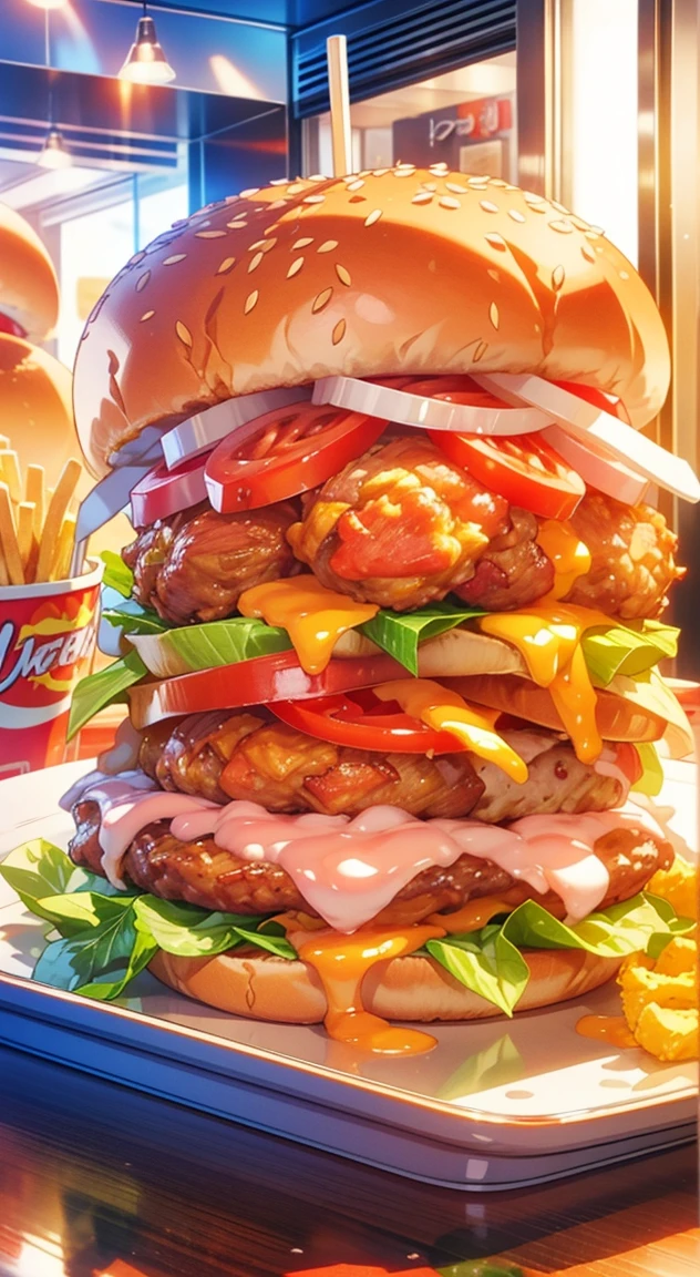 Depicting a hearty fast food meal, Including juicy burgers or sandwiches, Fried chicken, French fries，Hot dogs and all kinds of delicious food.