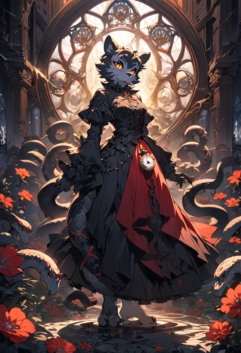 e621(best quality, high resolution, ultra-detailed)silhouett(kemono, furry anthro)holding striking pocket watch, surrounded by flowers, snakes and darkness, illustrative rendering, intricate details, mysterious atmosphere, vibrant colors, dynamic lighting , Gothic style,