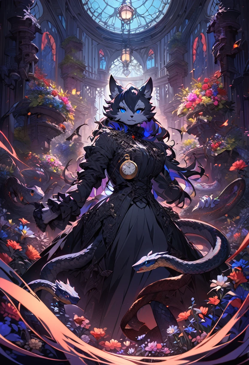 e621(best quality, high resolution, ultra-detailed)silhouett(kemono, furry anthro)holding striking pocket watch, surrounded by flowers, snakes and darkness, illustrative rendering, intricate details, mysterious atmosphere, vibrant colors, dynamic lighting , Gothic style,