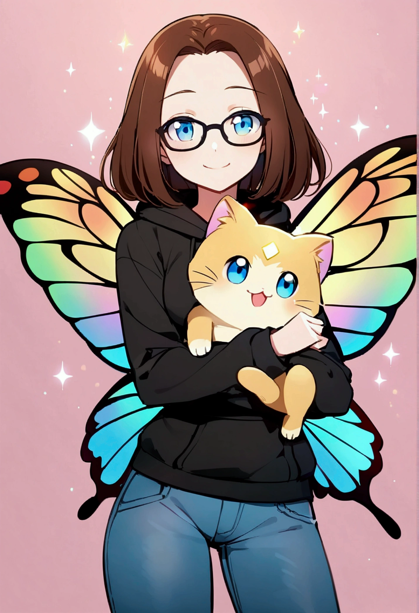 Alone, one person, anime woman (shoulder-length brown hair, blue eyes, black hoodie, jeans, dark-framed glasses, clear forehead, smiling, with shimmering colorful butterfly wings). Holds a cute cat-like fantasy creature in her arms like Pokemon.