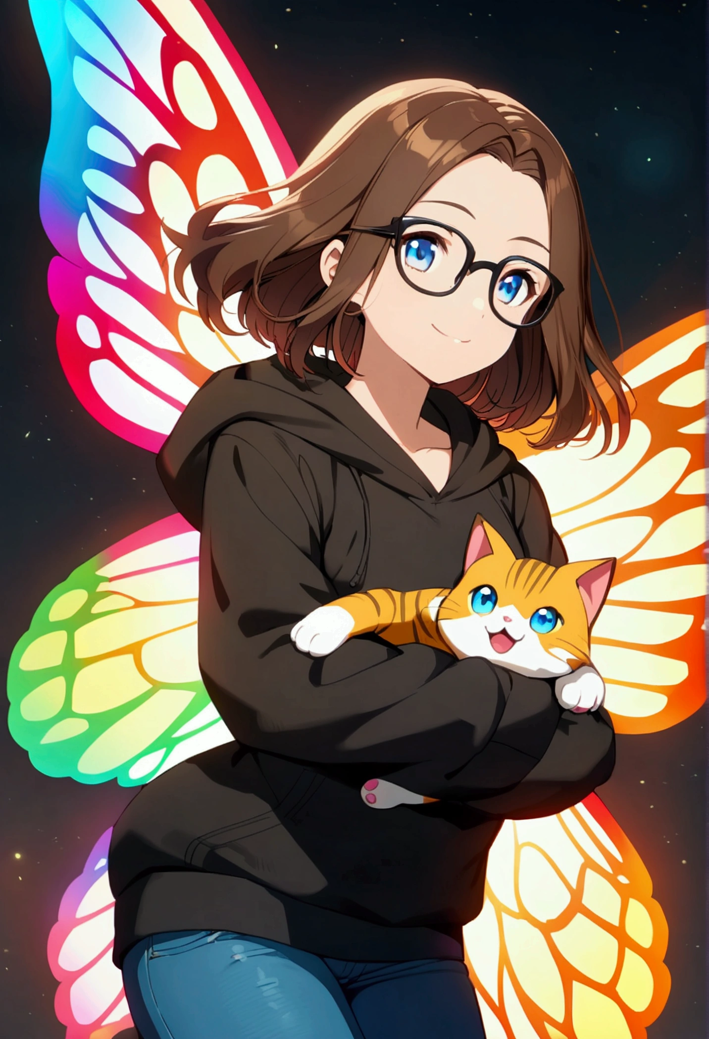 Alone, one person, anime woman (shoulder-length brown hair, blue eyes, black hoodie, jeans, dark-framed glasses, clear forehead, smiling, with shimmering colorful butterfly wings). Holds a cute cat-like fantasy creature in her arms like Pokemon.