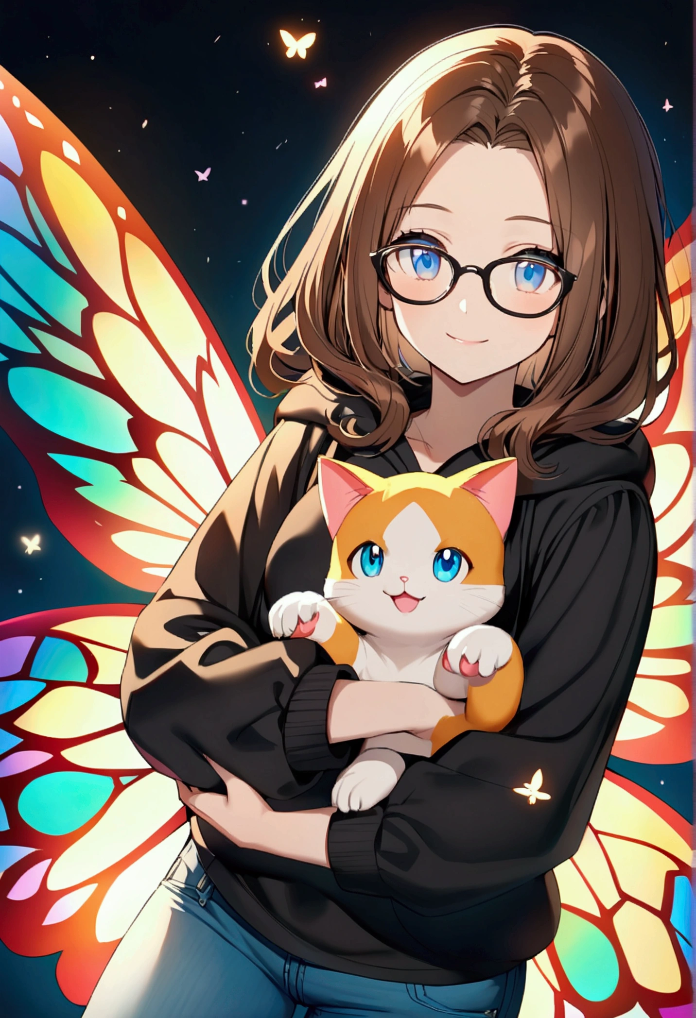 Alone, one person, anime woman (shoulder-length brown hair, blue eyes, black hoodie, jeans, dark-framed glasses, clear forehead, smiling, with shimmering colorful butterfly wings). Holds a cute cat-like fantasy creature in her arms like Pokemon.