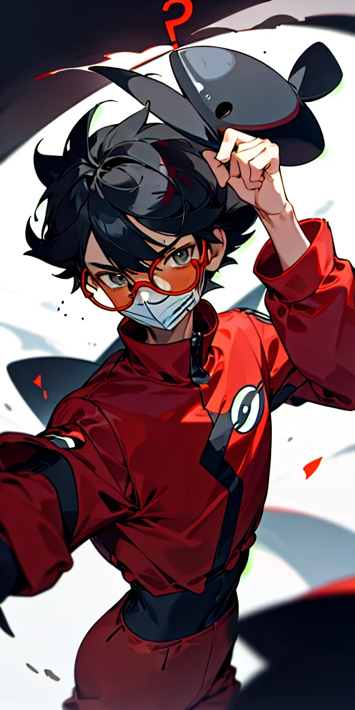16 Year old guy, short black hair, full face mask with black question mark symbol, light skin, rock type pokemon trainer, Pokemon trainer outfit, dark red outfit, rectangle glasses 