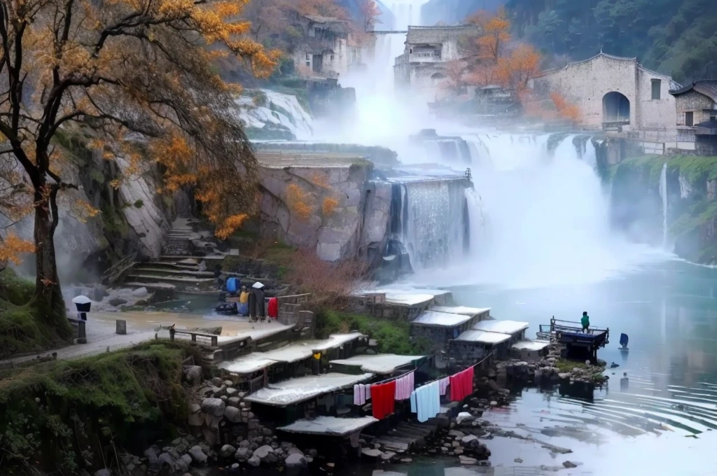 People wash clothes in the river next to the waterfall, A beautiful, 一个beautiful, China Village, Stunning visuals, Beautiful images, Sichuan, Guangjian, beautiful, beautiful女士, Beautiful aesthetic, Stunning sight, Dreamy Chinatown, qiangshu, Mist over waterfall, ( Visually stunning, 4 0 9 6, 温馨beautiful场景