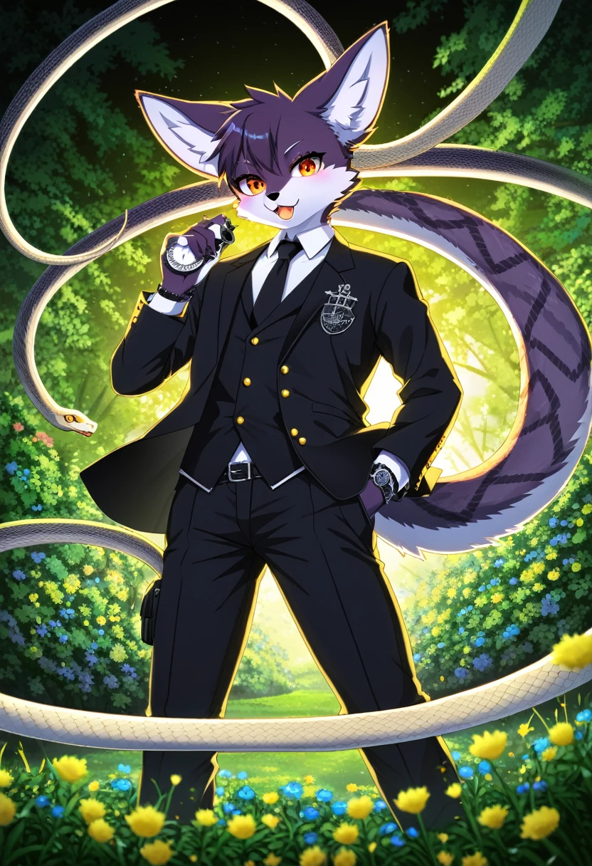 e621(best quality, high resolution, ultra-detailed)silhouett(kemono, furry anthro)holding striking pocket watch, surrounded by flowers, snakes and darkness, illustrative rendering, intricate details, mysterious atmosphere, vibrant colors, dynamic lighting , Gothic style,