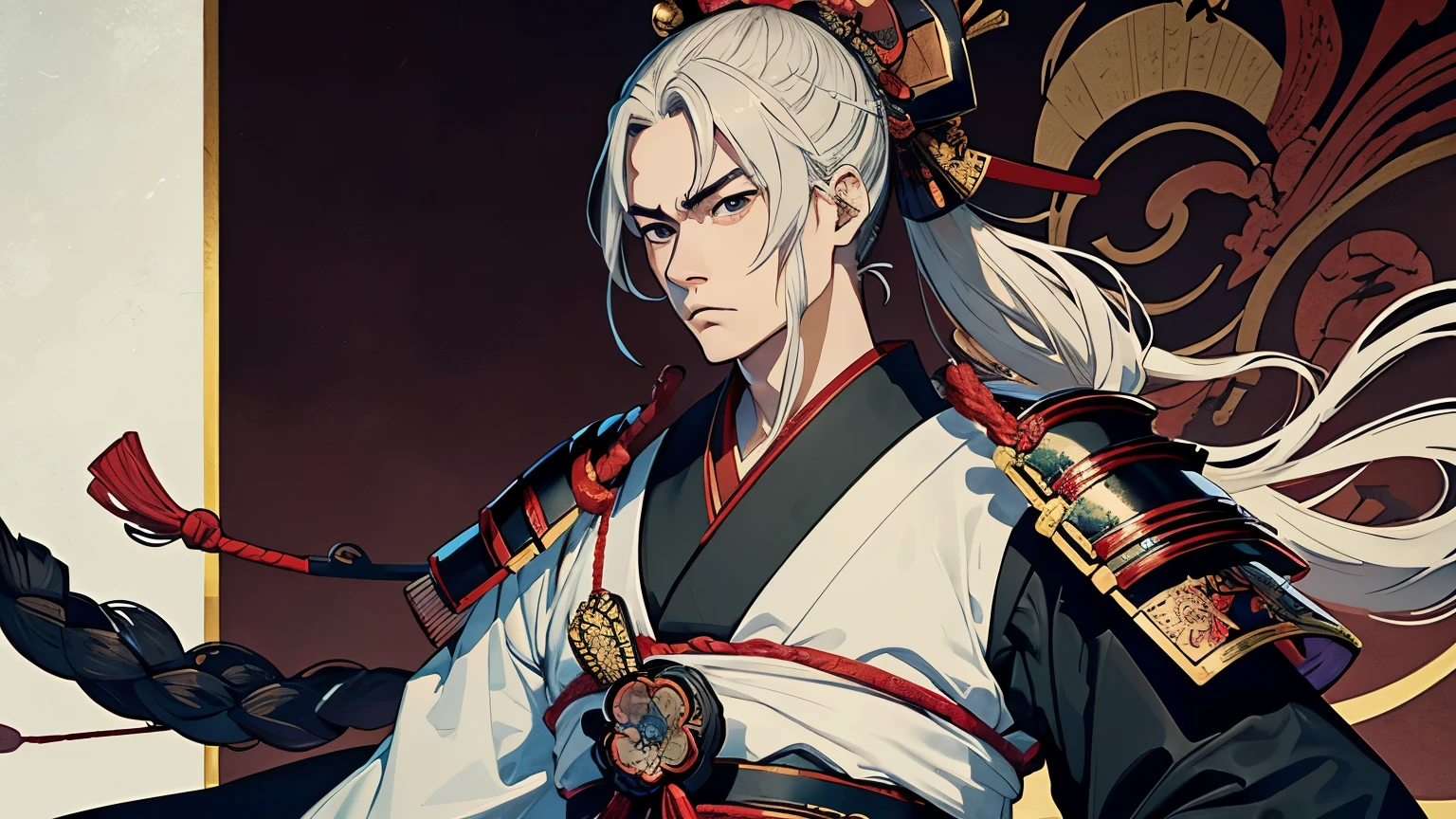 The whole body is shown、Wearing intricately designed traditional samurai armor、Famous people in Japanese history、Detailed images of Toyotomi Hideyoshi、He tied his topknot.、He has a stern look.、Has an intimidating presence。The background is a traditional Japanese castle