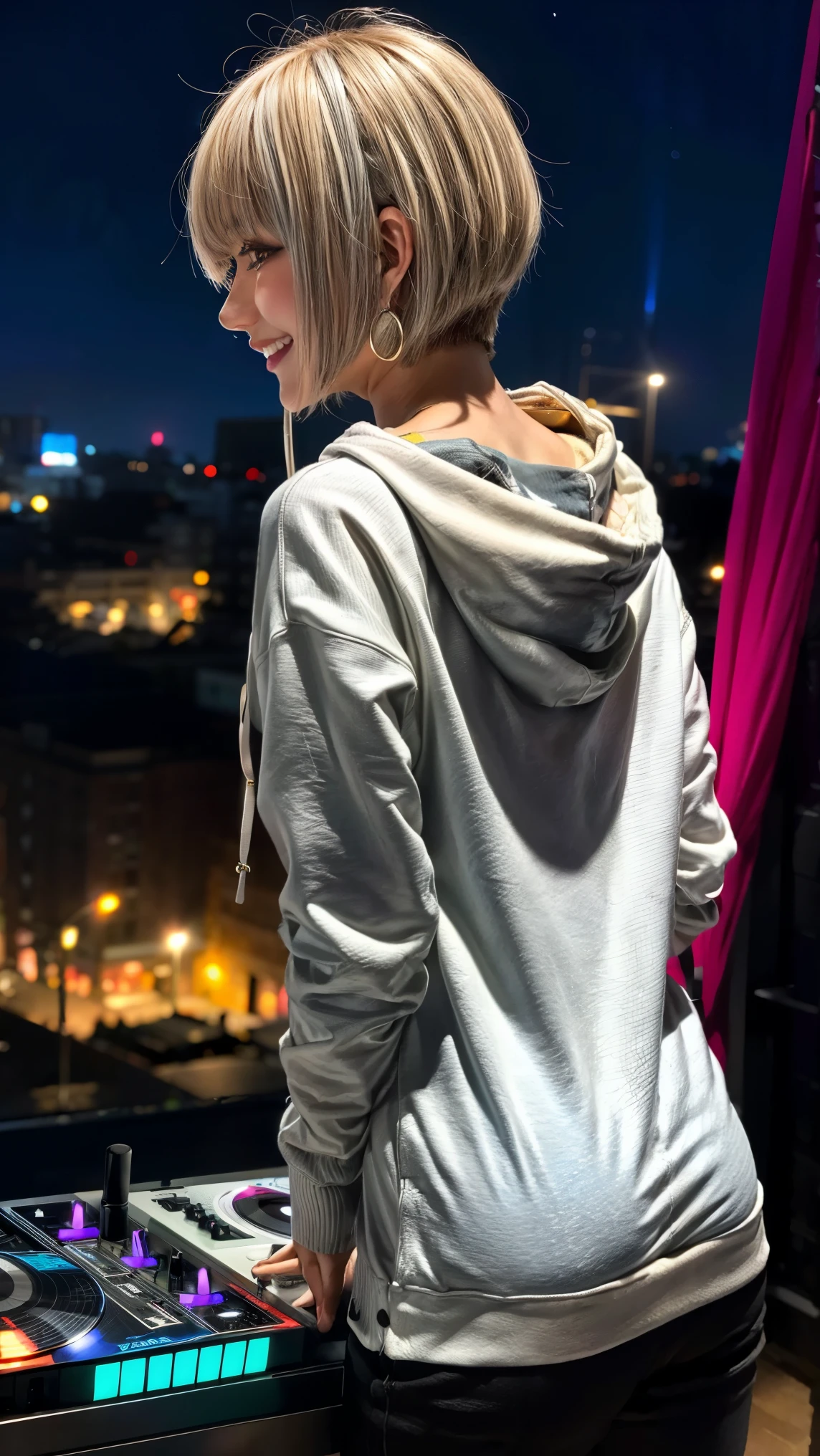 Highest quality, Tabletop, Ultra-high resolution, (Realistic:1.4), (Japanese Idols),RAW Photos, One Girl, night,Detailed skin,nightclub,Disco,(blonde:1.2), (Silver inner hair:1.3),Glossy Lips,smile,21 years old,Beautiful and beautiful eyes,eye shadow,Diamond jewellery,Earrings,Gold Jewelry,(hoodie:1.3),,(Shoulder strengthening:1.2),A well-trained body,(Pixie Cut),Round face,(playing music as a DJ:1.5), (DJ:1.2) Vibrant performances (Music Festival:1.2) and (Lively crowd:1.1) and (Colorful stage lighting:1.1), (Back view:1.5 ),Back view,(A slightly distant composition),(back of head),Composition from behind
