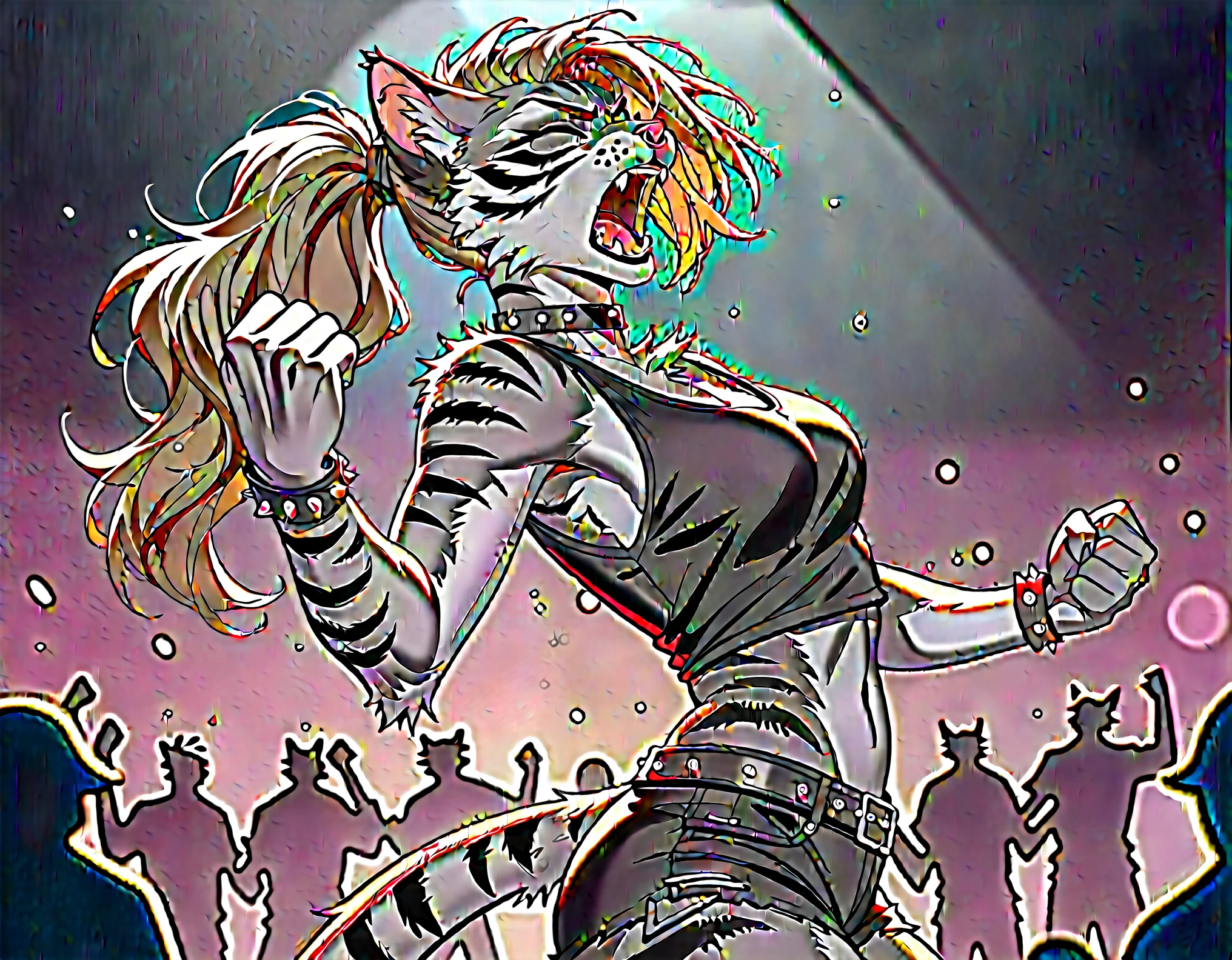 score_9,score_8_up,score_7_up, score_6_up, score_5_up,source_anime, Kat, Anthro furry feline, silver fur, grey stripes on body, closed eyes, furrowed eyebrows, open mouth, long blonde hair, undercut hair, one side of hair shaved, pink nose, :3, female, wearing black tank top, heavy metal band shirt, heavy metal band design on her shirt, black Jean short shorts, black studded bracelets, choker, nose ring, black mascara, gauged ears, simple white background, standing, heavy metal aesthetic, at a concert, metal concert, big crowd of humans, screaming, raising a fist in the air, clenched fist, side view,