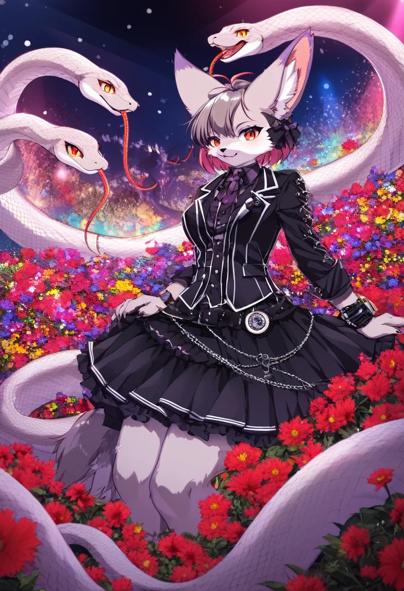 e621(best quality, high resolution, ultra-detailed)silhouett(kemono, furry anthro)holding striking pocket watch, surrounded by flowers, snakes and darkness, illustrative rendering, intricate details, mysterious atmosphere, vibrant colors, dynamic lighting , Gothic style,