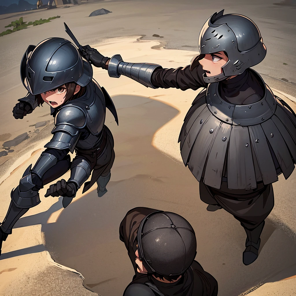 Best illustrations、Best Quality、(have a round shield)、(((Simple grey armor、Black trousers、Black gloves、Short Hair、Brown Hair、20 year old man、Iron Helmet、Iron helmet)))、(((Fighting Pose)))、(Old ruins、desert。Grass)、(Black, muddy swamp)、(Medieval Knight)、(Close your eyes、get annoyed、Open your mouth、Get angry、Sweat)、battlefield、(From above)