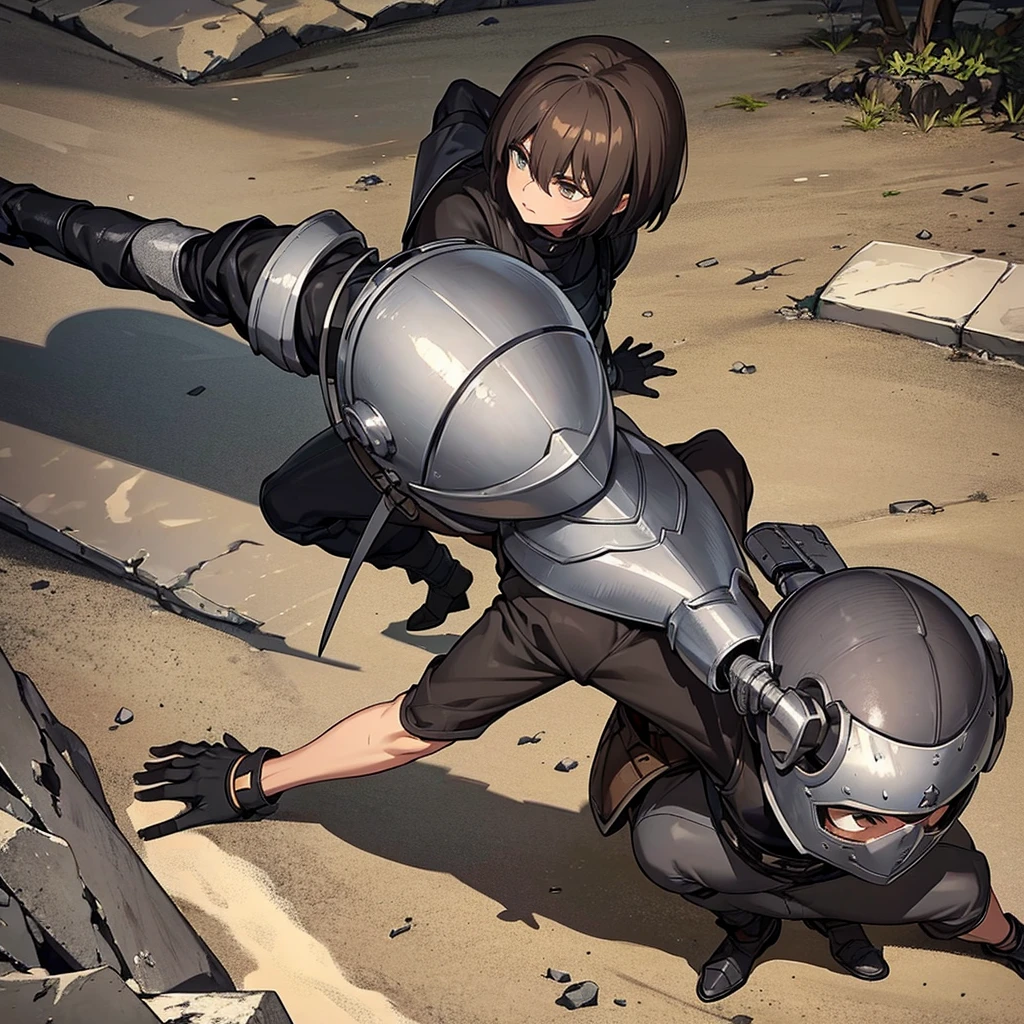 Best illustrations、Best Quality、(have a round shield)、(((Simple grey armor、Black trousers、Black gloves、Short Hair、Brown Hair、20 year old man、Iron Helmet、Iron helmet)))、(((Fighting Pose)))、(Old ruins、desert。Grass)、(Black, muddy swamp)、(Medieval Knight)、(Close your eyes、get annoyed、Open your mouth、Get angry、Sweat)、battlefield、(From above)
