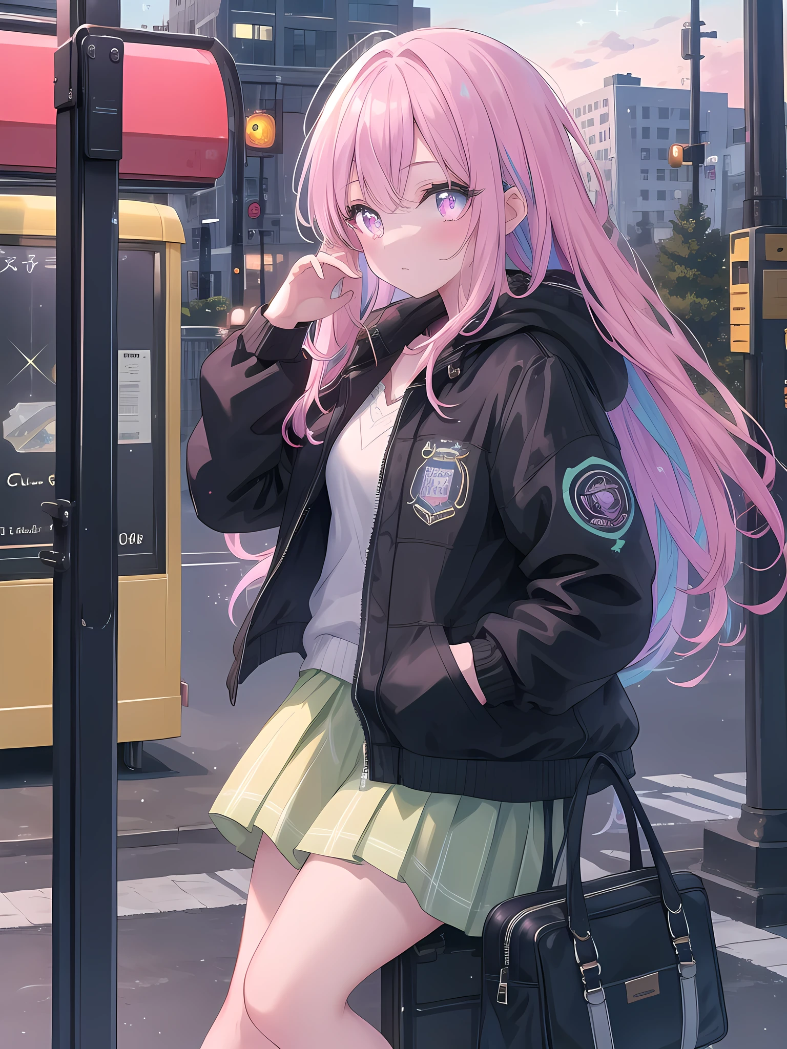 ((8k, best quality, master piece: 1.3)),super high resolution,(1 girl, solo), (colorshift eyes, hyperdetailed, expressive sparkling, glitter, glowing eyes), ultra detailed eyes, ultra-detailed face, random hair, ((pastel color)), Please draw a  girl waiting at a bus stop. The girl is wearing a casual jacket and is waiting while looking at her smartphone. The background shows the bus stop and a city view, with passersby and vehicles all around. The camera angle should be from the front of the girl waiting at the bus stop. The colors should be realistic of the city, with textures on the jacket and details on the smartphone.