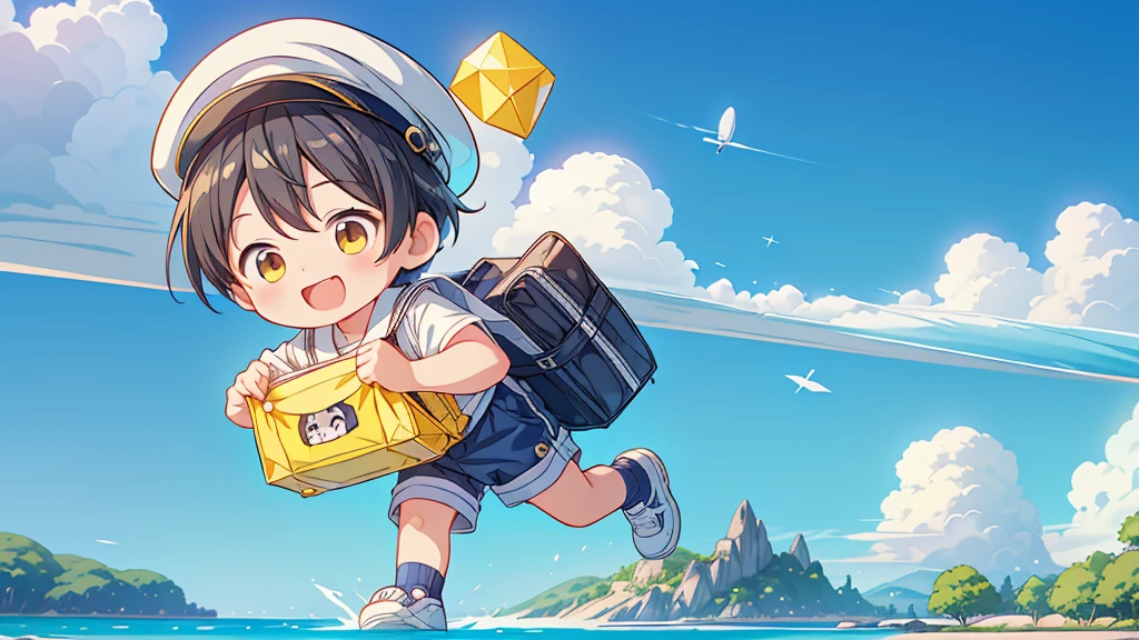 Chibi no Boy、(((Highest quality、Masterpiece、Official Art、The best dynamic composition)))、Anime Style、Very detailed、8K high resolution、The boy is carrying a rectangular yellow bag over his shoulder.、Navy blue sailor suit and navy blue shorts、White socks、Diamond Hat、Smiling happily on the kindergarten grounds、