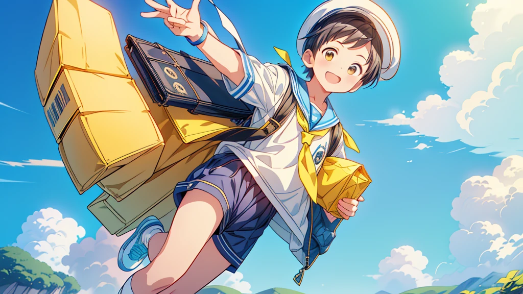 Chibi no Boy、(((Highest quality、Masterpiece、Official Art、The best dynamic composition)))、Anime Style、Very detailed、8K high resolution、The boy is carrying a rectangular yellow bag over his shoulder.、Navy blue sailor suit and navy blue shorts、White socks、Diamond Hat、Smiling happily on the kindergarten grounds、