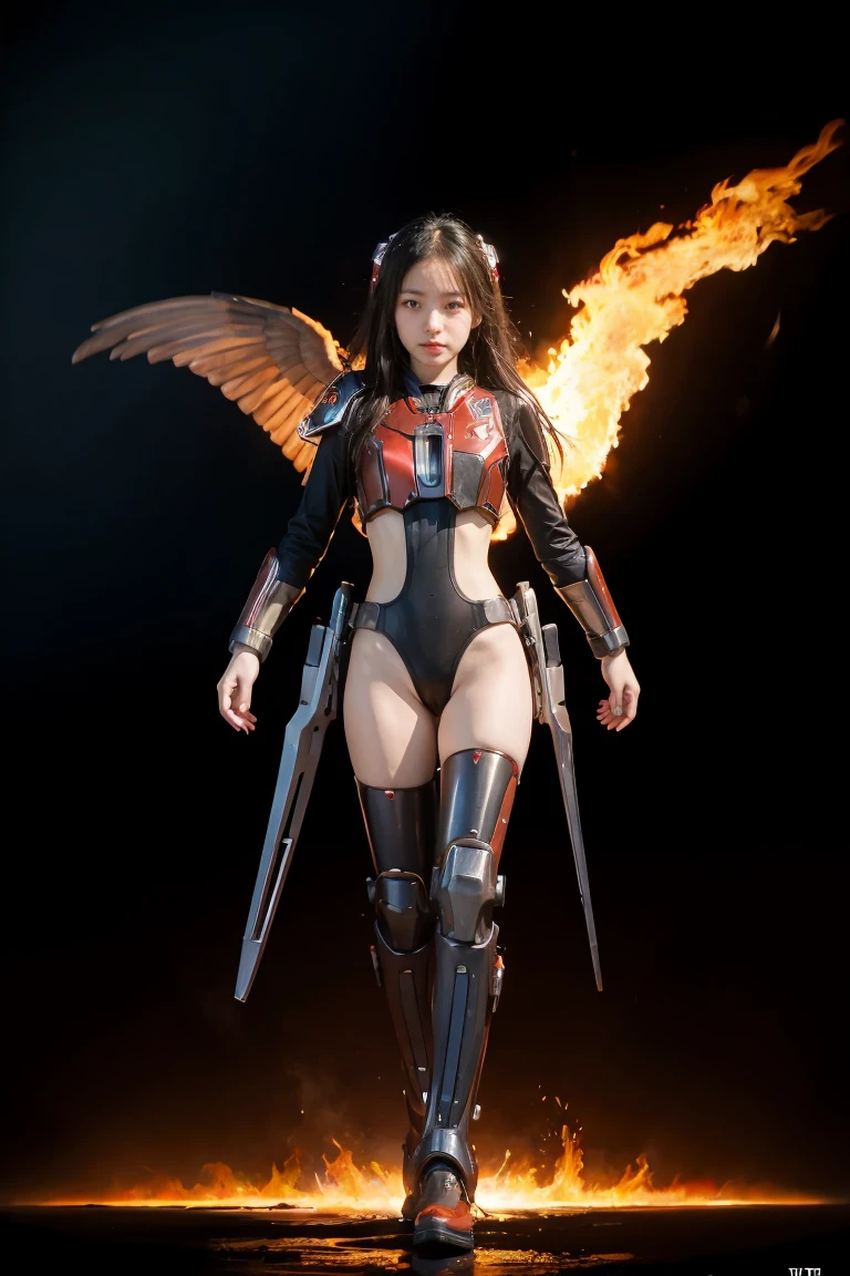 1girl, Absurd resolution, high resolution, (masterpiece: 1.4), hyper-detail, a mech, red armor with cybernetic red wings, floating flight in the sky (1.8) background is wild, fire, full bodysuit,