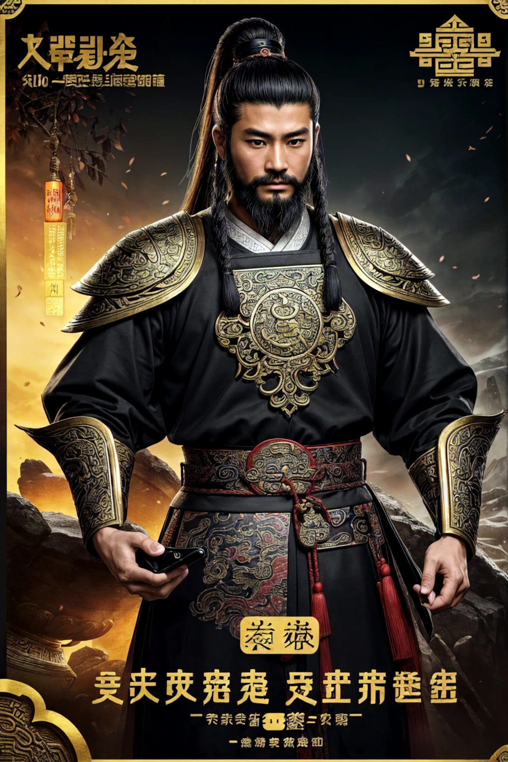 oriental-like、a adult man wearing ancient Chinese armor、Yuanyou Guan (Yuanyouguan), ancient chinese hairstyle、 (((holding the phone and show the screen to the viewer))), three kingdoms、top-quality、​masterpiece、超A high resolution、(Photorealsitic:1.4)、Game Posters、Black clothes、long beard, inspired by caocao