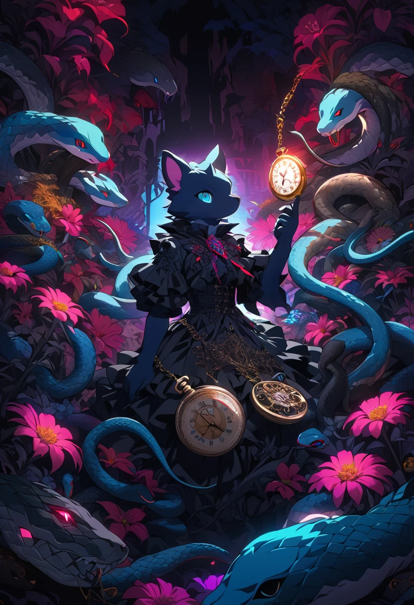 e621(best quality, high resolution, ultra-detailed)silhouett(kemono, furry anthro)holding striking pocket watch, surrounded by flowers, snakes and darkness, illustrative rendering, intricate details, mysterious atmosphere, vibrant colors, dynamic lighting , Gothic style,