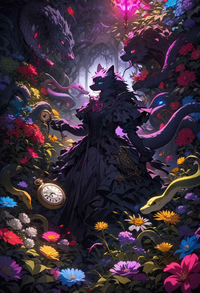e621(best quality, high resolution, ultra-detailed)silhouett(kemono, furry anthro)holding striking pocket watch, surrounded by flowers, snakes and darkness, illustrative rendering, intricate details, mysterious atmosphere, vibrant colors, dynamic lighting , Gothic style,