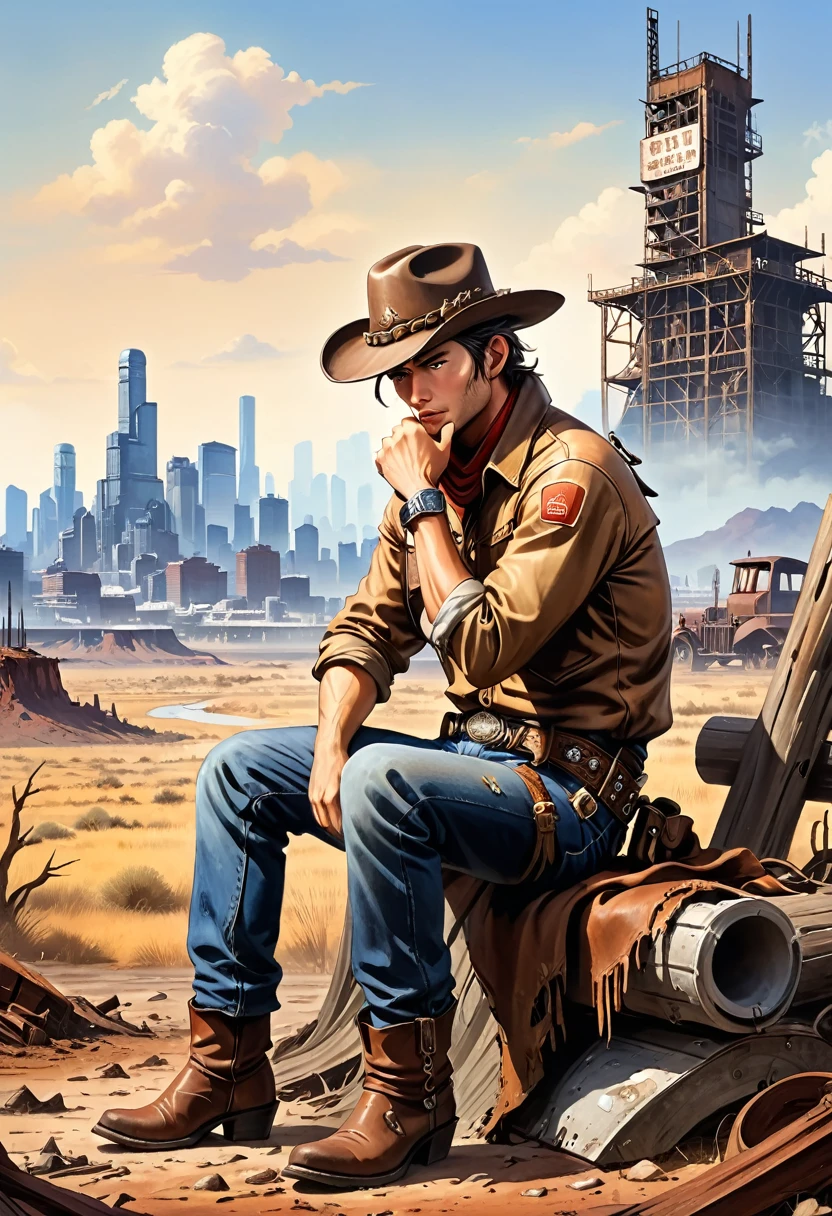 wasteland，老西部牛仔sit在石头上思考，thinker，Hand on cheek，(sit:1.2)，Wear a cowboy hat，Rusty，The skyline in the distance，Western style background