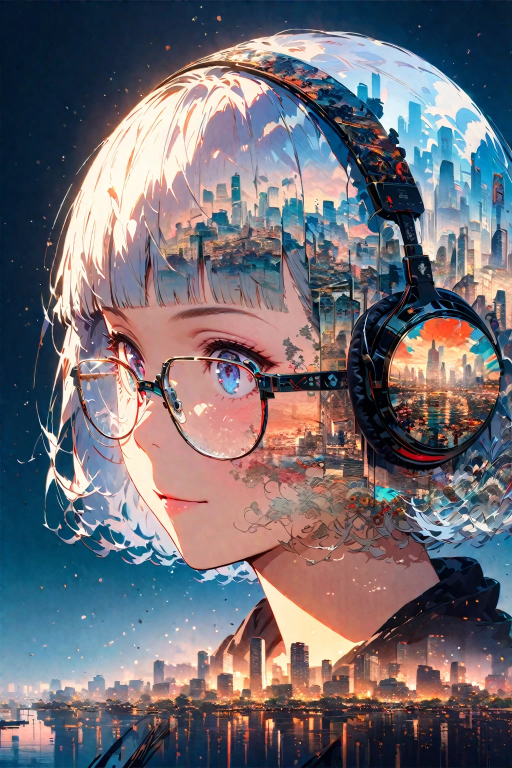 Double exposure of a beautiful and delicate semi-rimless eyewear headphone short hair blunt bangs lady(Face clear and perfect)Image,The backdrop is a hyper-detailed tokyo city perfect for, Beautifully, Intricate illustrations, art work concept art work masterpiece, best quality, Super detailed, HD