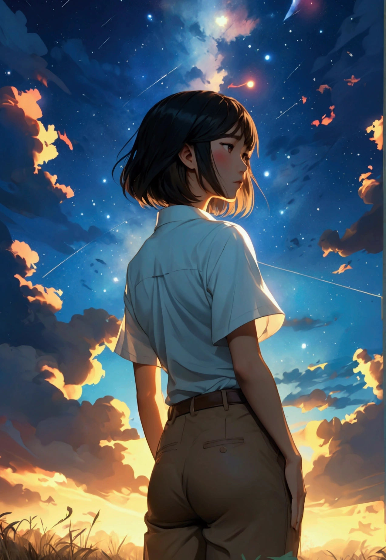 1 girl, (Asian woman), (wearing Chinese style white shirt and brown pants), (very short pixie hair style), (black hair), (rear view), (looking away from viewer), (((full body portrait))), (wearing brown shoes), (girl small in foreground), (big sky above girl), (girl in forest looking toward the stars in a dark night sky), masterpiece, dark blue tones, illustration, dark sky, light wind,Cross the sky from bottom to top, Bright stars, dark sky with stars,