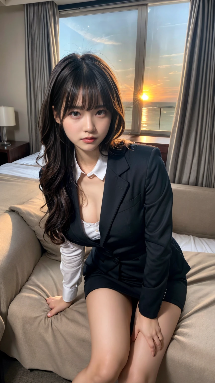 masterpiece, best quality, illustration, Super detailed, fine details, High resolution, 8K,wall paper, perfect dynamic composition,(Details High quality, realistic depiction of eyes:1.3), short hair, (wavy hair:1.2), Office Lady, ,Suit,Collared shirt, Black Suit,Black jacket, huge breasts, expresses the roundness and softness of your chest, black hair color, Big Natural Color Lip, bold sexy pose, crying a little、cold gaze, Harajuku style、20 year old girl、cute type、lolita、beautiful legs, hotel room, full body photo、focus on crotch, hposing Gravure Idol, Sexy shot looking at camera, Sunset, by the window, Summer, make up, Curve