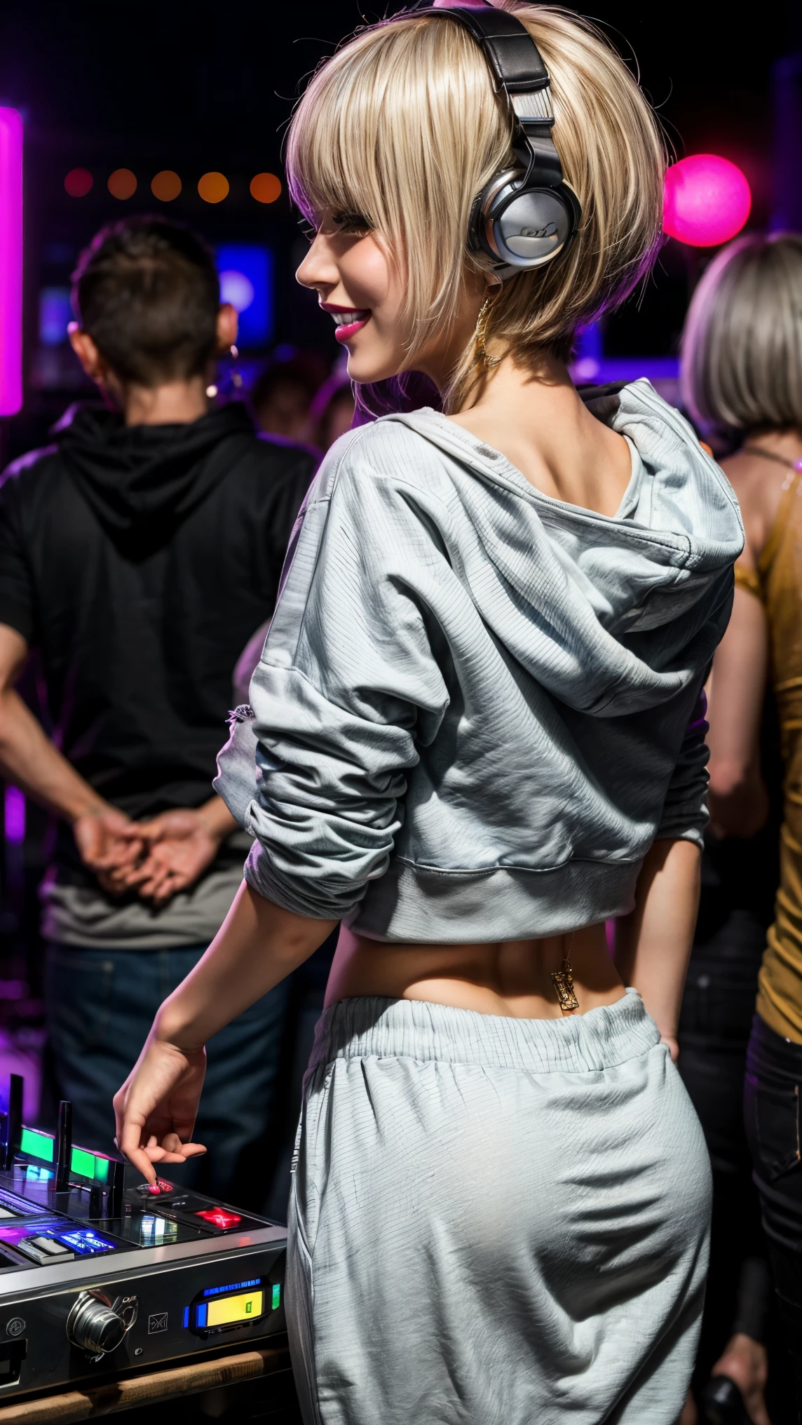 Highest quality, Tabletop, Ultra-high resolution, (Realistic:1.4), (Japanese Idols),RAW Photos, One Girl, night,Detailed skin,nightclub,Disco,(blonde:1.2), (Silver inner hair:1.3),Glossy Lips,smile,21 years old,Beautiful and beautiful eyes,eye shadow,Diamond jewellery,Earrings,Gold Jewelry,(hoodie:1.3),,(Shoulder strengthening:1.2),A well-trained body,(Pixie Cut),Round face,(playing music as a DJ:1.5), (DJ:1.2) Vibrant performances (Music Festival:1.2) and (Lively crowd:1.1) and (Colorful stage lighting:1.1), (Back view:1.5 ),Back view,(A slightly distant composition),(back of head),Composition from behind