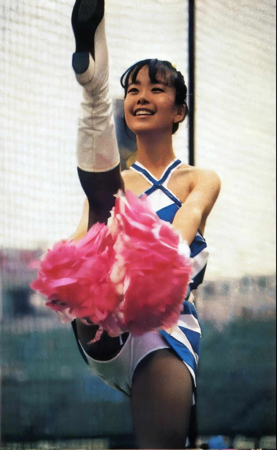 AlaFed cheerleader in cheer uniform holding pink pom-poms, 80's japanese photo, mutsumi akasaki, Akiko Takase, Kazue Kato, Japan 1980s, eiko ishioka, gyo fujikawa, kiyoko suzuki, Etsuko Miura, Rinko Kawaichi, araki nobuyoshi