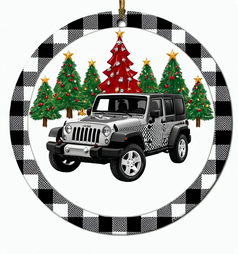 Close up of black and white checkered Christmas ornaments, jeep, jeep in background, holiday, 2D, Happy, 2 d, jeep wrangler, 💋 💄 👠 👗, Very high resolution, Happy, 6k, 6,000, 🤬 🤮 💕 🎀, Full body view, On a clear background, - g, 1x, Official printing