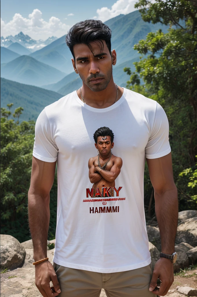 create a high quality realistic image, lord Hanuman and a 24 year old age boy hugging are Warking with each other, boy is wearing white t-shirt on which his name “Akshay”is written boldly on top, both are emotional, environment is mountain, background is of tree, image should ultra clear, hyper realistic, 4k.