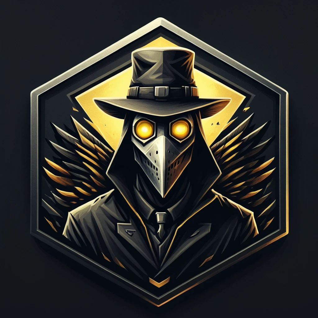 ultra high resolution, detailed, best quality, badgetype,solo badge,counter strike2 type badge,solo,looking at viewer,yellow eyes,1boy,male focus,no humans,mask,glowing,simple background,portrait,straight-on,plague doctor, hat, proportional, noire, minimalist background