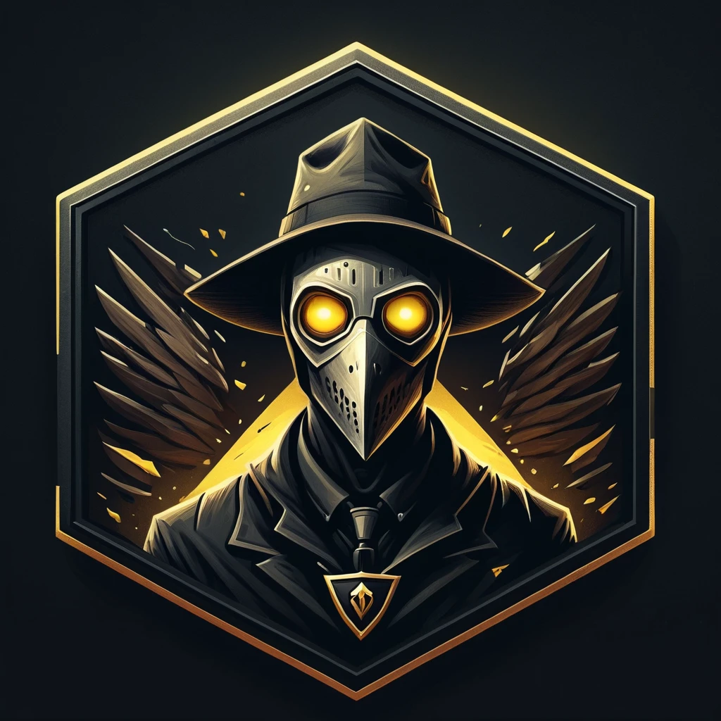 ultra high resolution, detailed, best quality, badgetype,solo badge,counter strike2 type badge,solo,looking at viewer,yellow eyes,1boy,male focus,no humans,mask,glowing,simple background,portrait,straight-on,plague doctor, hat, proportional, noire, minimalist background