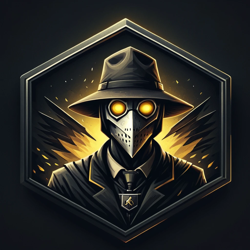 ultra high resolution, detailed, best quality, badgetype,solo badge,counter strike2 type badge,solo,looking at viewer,yellow eyes,1boy,male focus,no humans,mask,glowing,simple background,portrait,straight-on,plague doctor, hat, proportional, noire, minimalist background