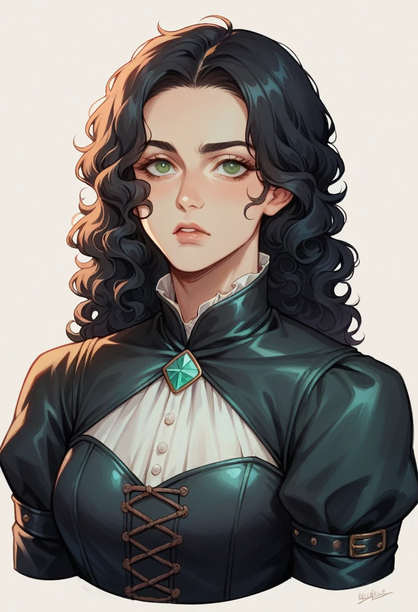 a 25 year old girl, curly and black hair, greeneyes, clear skin and diamond face, wearing a medieval black leather outfit with arrogant posture