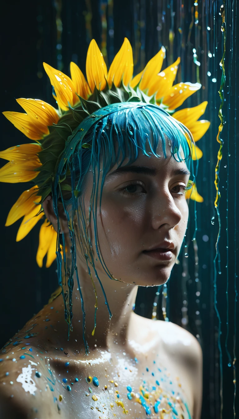 8K, ARTISTIC photogrAphy, best quAlity, mAsterpiece: 1.2), A sunflower, full body RAW candid cinema, cyan hair, 16mm, color graded portra 400 film, remarkable color, ultra realistic, dark lighting, oppressive atmosphere, depressive colors, kodak portra 400, photograph,r, Natural Light, Pinhead lighgts, blur reflection, Brush Strokes, Smooth, abstract, Splatter, Oil On Canvas, rainbow colors, fractal isometrics details bioluminescens : a stunning realistic photograph of wet bone structure, 3d render, octane render, intricately detailed, titanium decorative headdress, cinematic, trending on artstation | Isometric | Centered