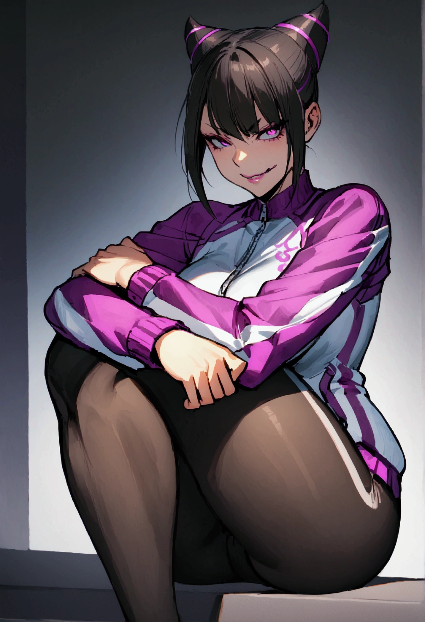 beautiful young fitness woman with , in a gym wearing May with black pantyhose, white and purple fitted gym jacket. standing alone,hair horns,bright purple eyes,Evil smile,legging preto aura roxa,arms crossed eye shadow,whole body,labiaa,sitting,legs crossed