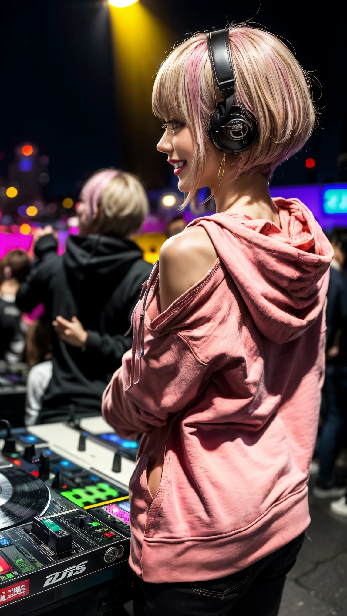 Highest quality, Tabletop, Ultra-high resolution, (Realistic:1.4), (Japanese Idols),RAW Photos, One Girl, night,Detailed skin,nightclub,Disco,(blonde:1.2), (Pink inner hair:1.3),Glossy Lips,smile,21 years old,Beautiful and beautiful eyes,eye shadow,Diamond jewellery,Earrings,Gold Jewelry,(hoodie:1.3),,(Shoulder strengthening:1.2),A well-trained body,(Pixie Cut),Round face,(playing music as a DJ:1.5), (DJ:1.2) Vibrant performances (Music Festival:1.2) and (Lively crowd:1.1) and (Colorful stage lighting:1.1), (Back view:1.5 ),Back view,A slightly distant composition,(back of head)